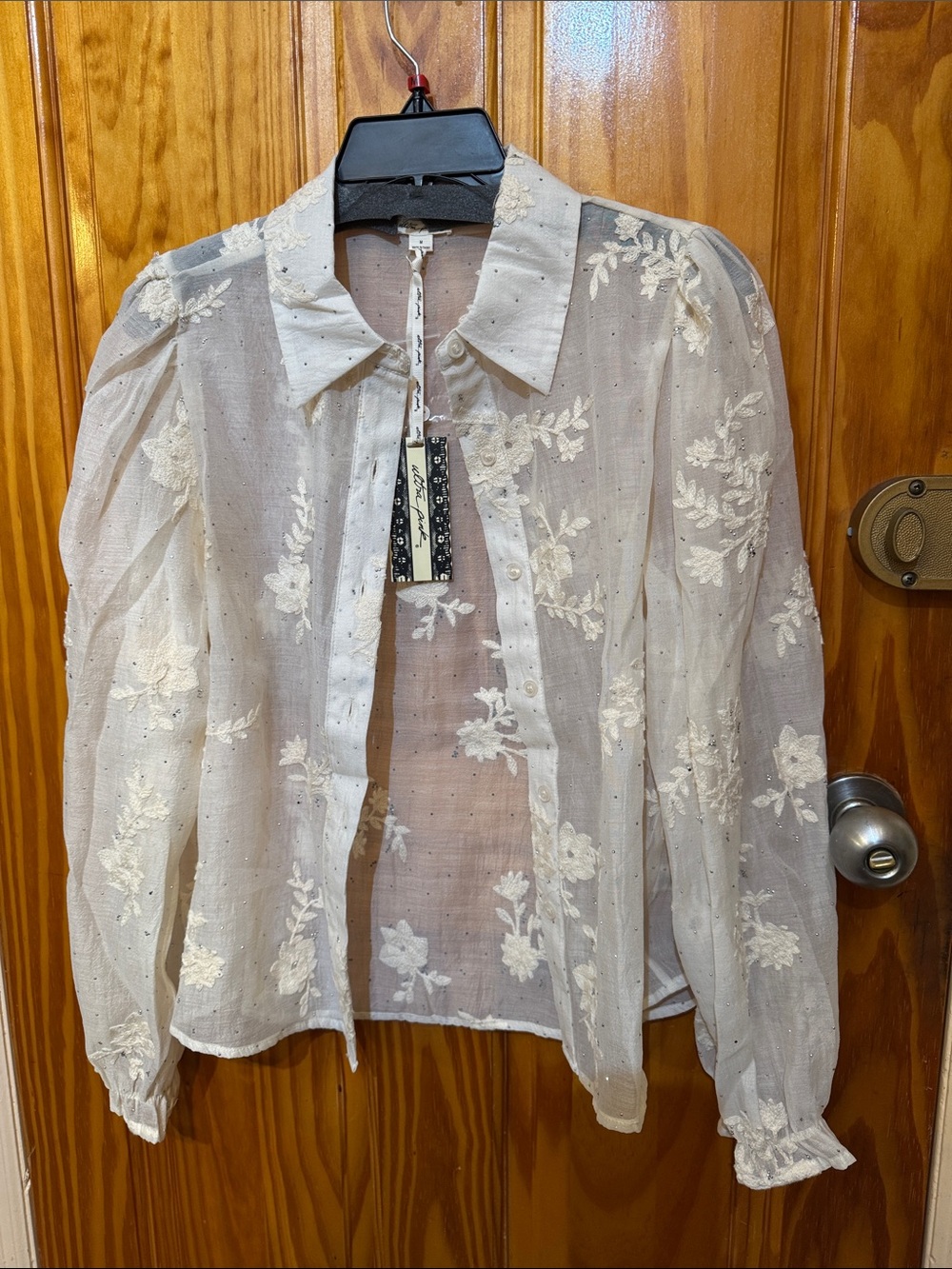 Ultra Pink Ivory Sheer Floral Embroidered Button-Up Blouse
